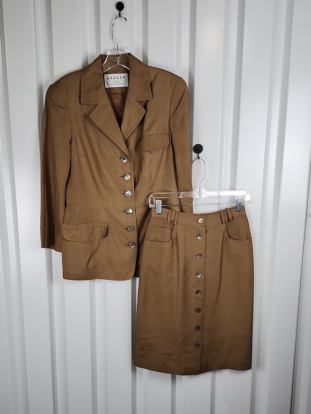 Jaeger Vintage Womens Skirt Suit Sz 4 Brown Silk Button-Front 80s Power Suit